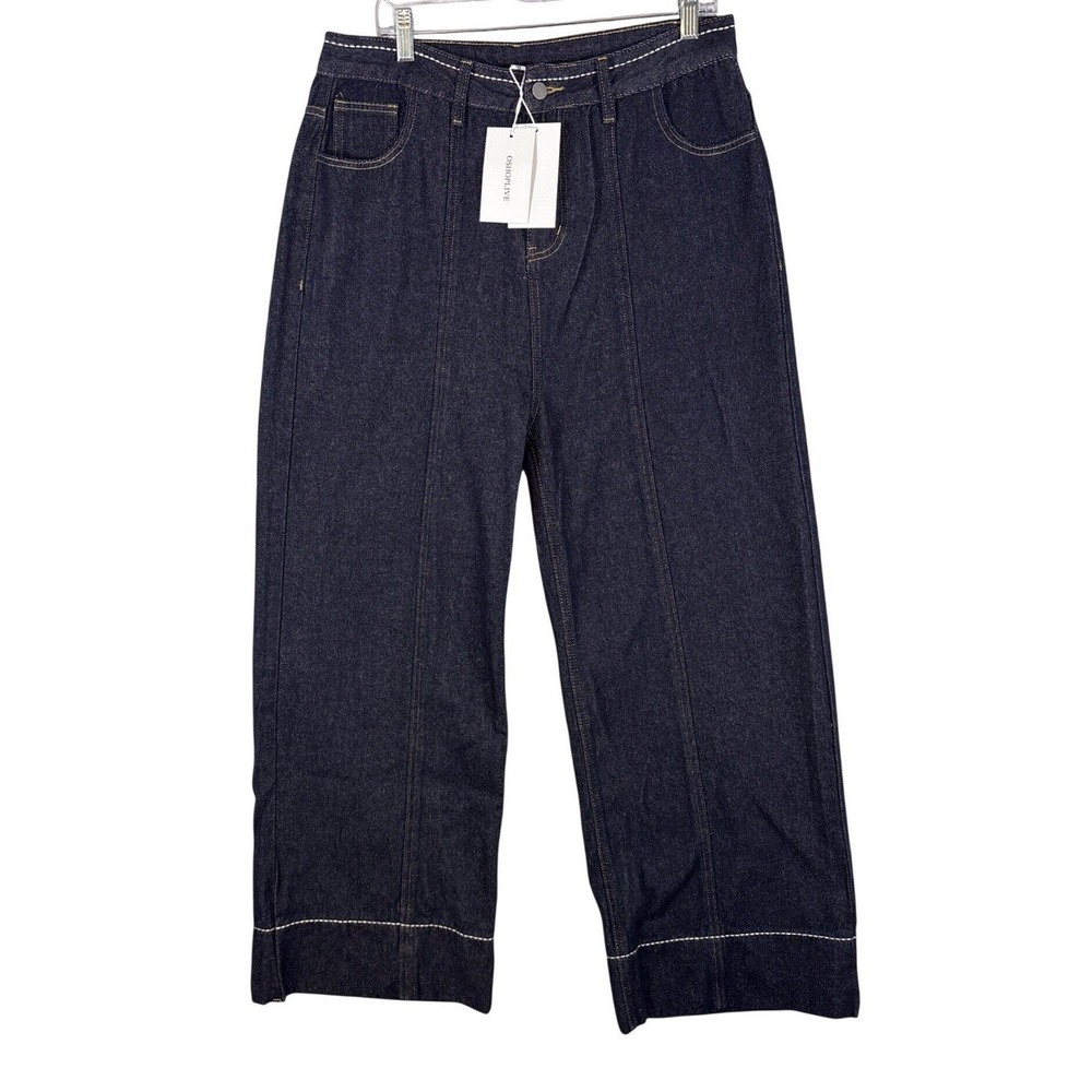 Oshoplive Womens XXL Dark Wash Wide Leg Jeans Contrast Stitch High Rise Denim
